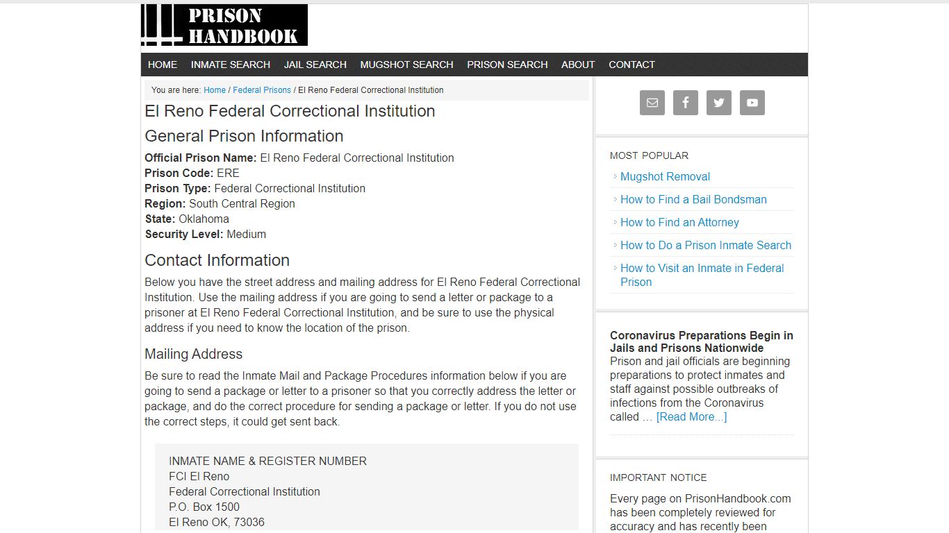 El Reno Federal Correctional Institution - Prison Handbook