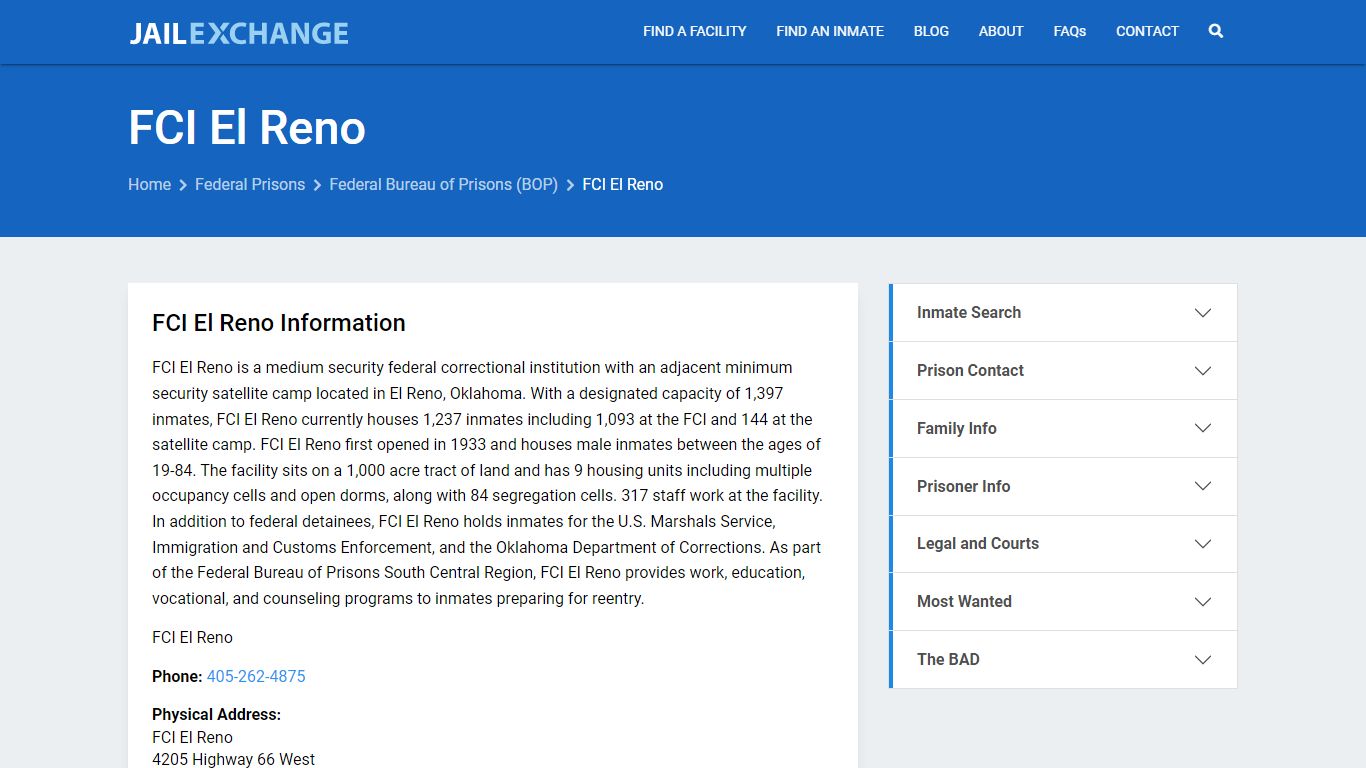 Federal Inmate Search - FCI El Reno - Jail Exchange