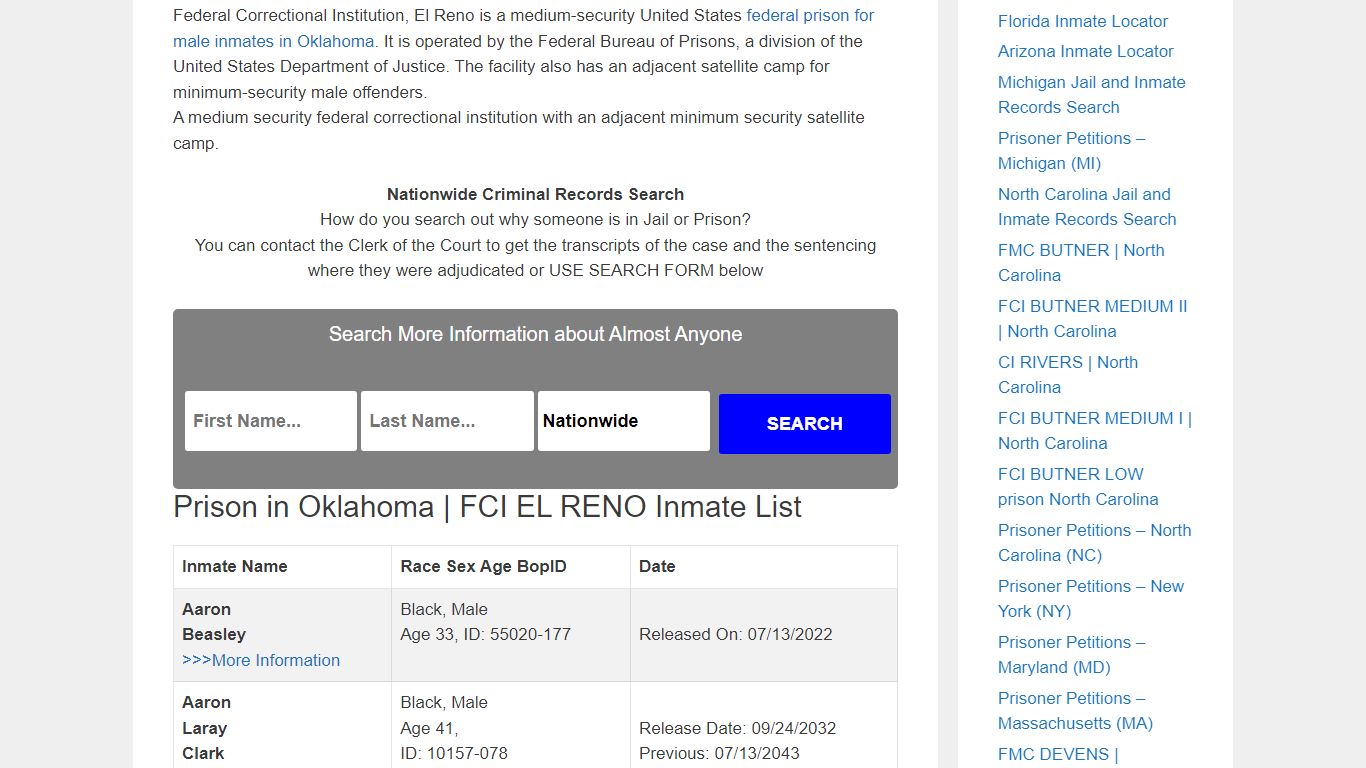 Prison in Oklahoma | FCI EL RENO – Inmate Releases