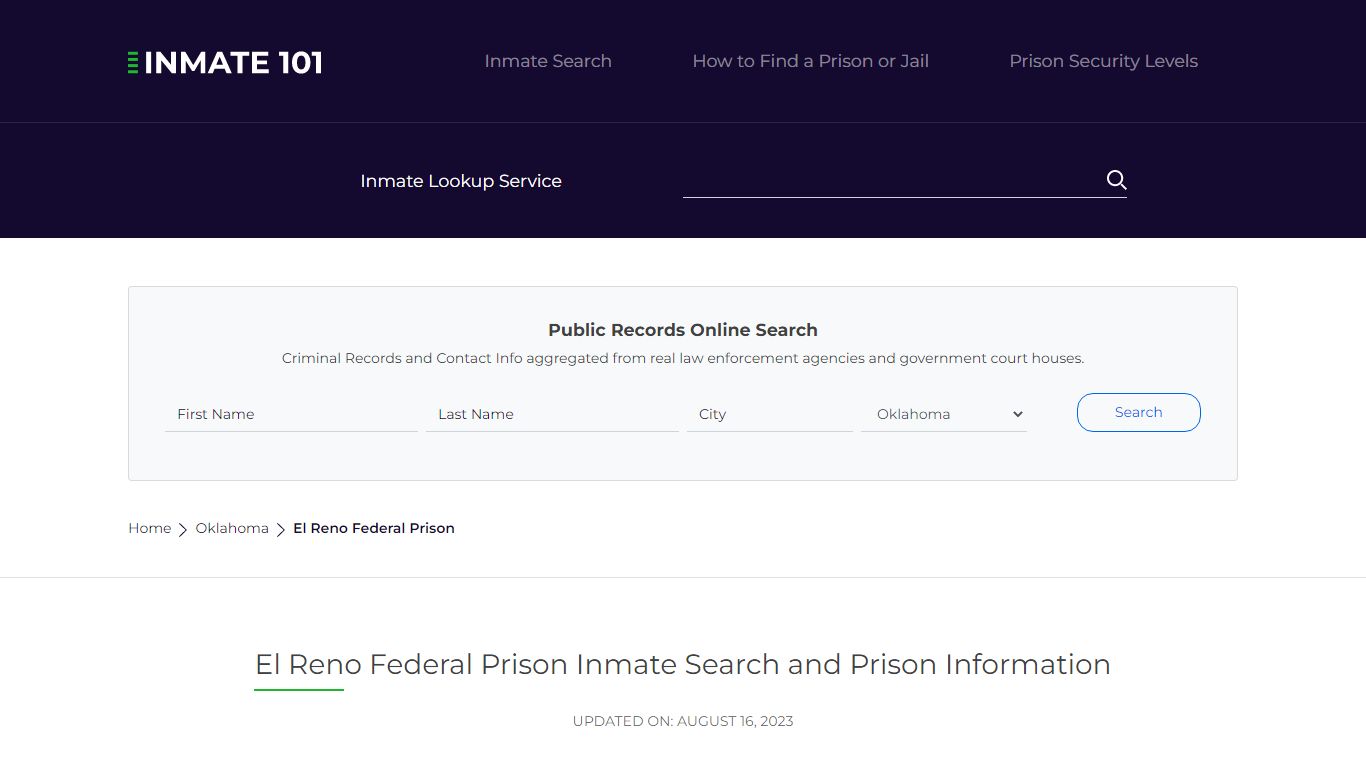 El Reno Federal Prison Inmate Search | Lookup | Roster