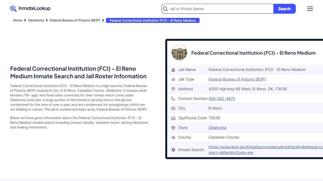 Federal Correctional Institution (FCI) - El Reno Medium Inmate Search ...
