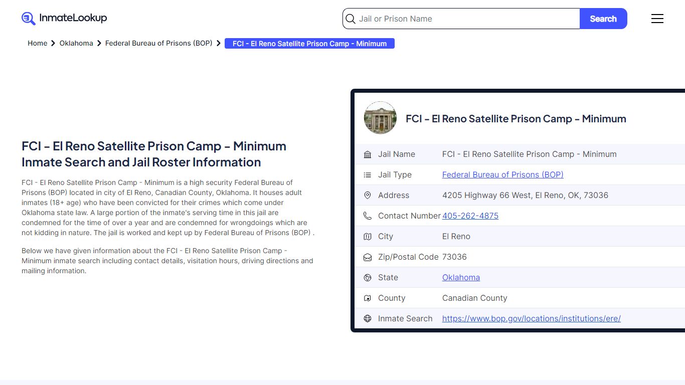 FCI - El Reno Satellite Prison Camp - Inmate Lookup
